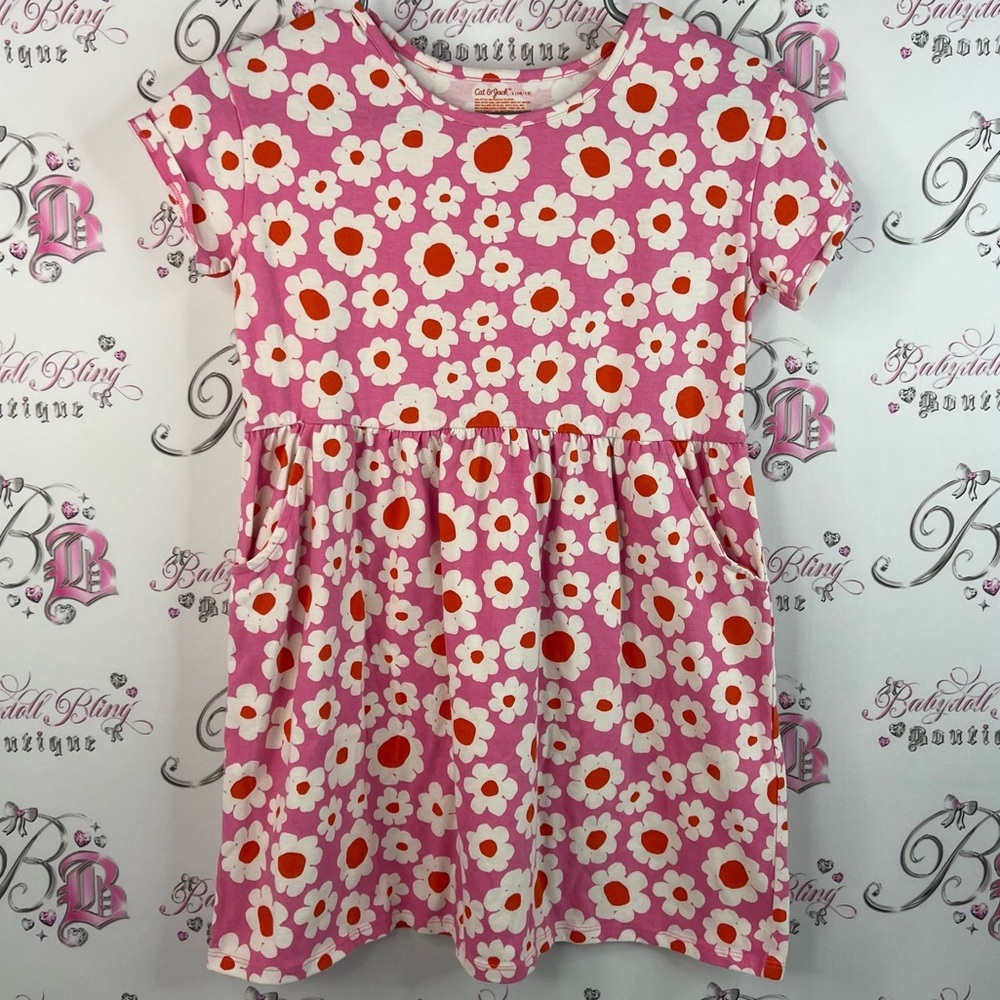 Cat & Jack dress ruffle hem pockets daisy Pink and Red Floral Kids Dress